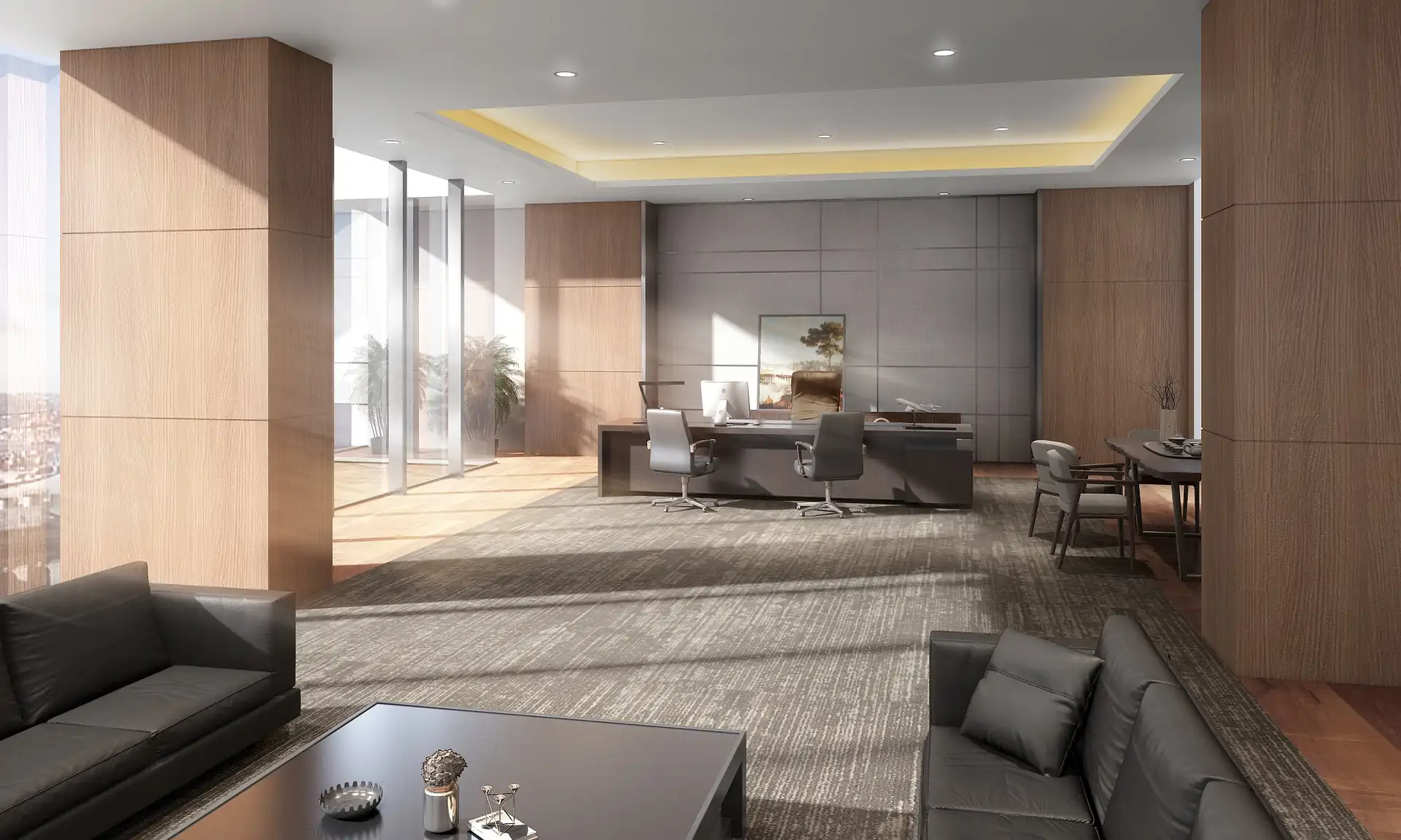 An office meeting room with sofas, tables, and chairs